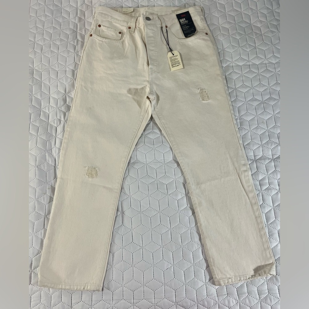 Levi's 501 Button Fly Cropped Straight Distressed Jeans Cream Women's Size 30 - Picture 1 of 12